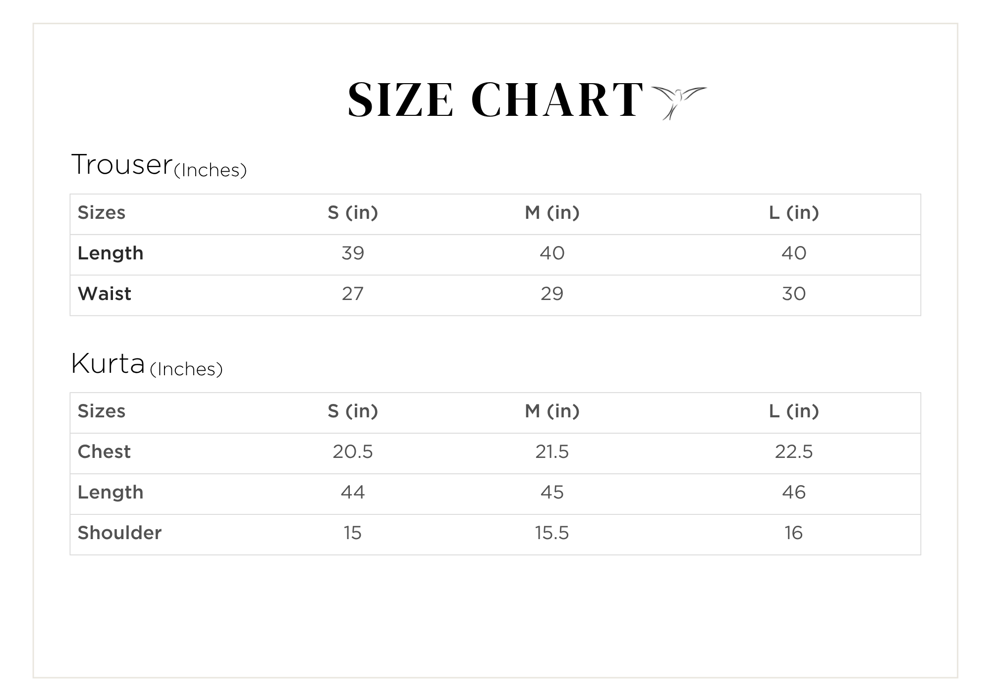 Size chart for Qala
