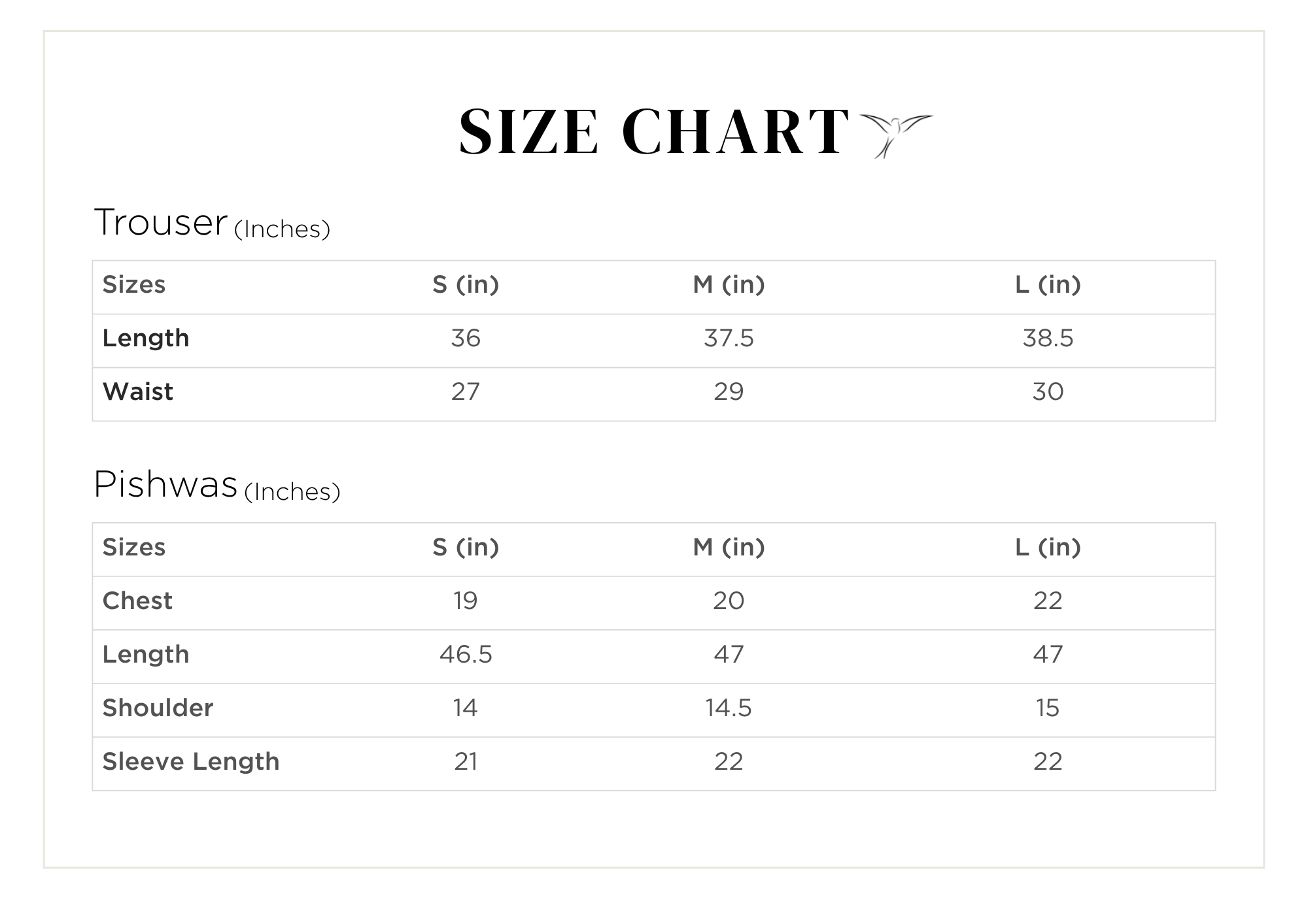 Size chart for Raania