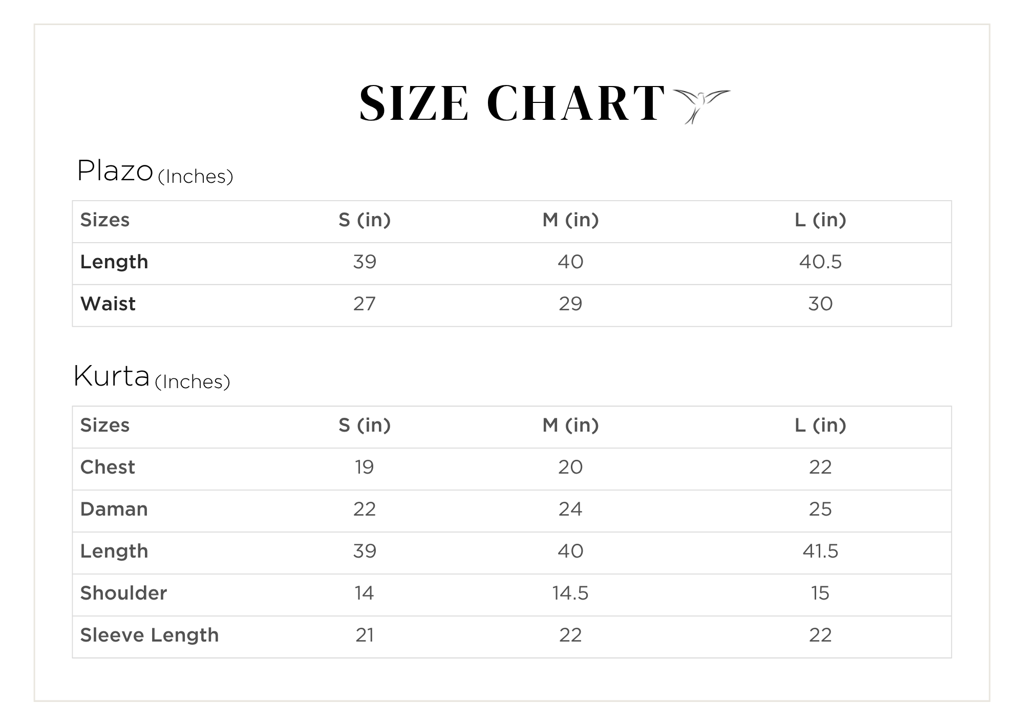 Size chart for Reya