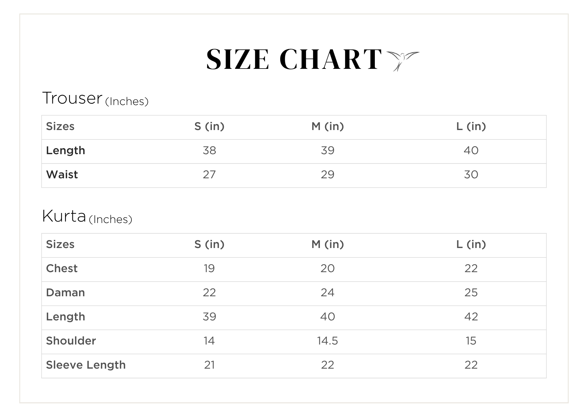 Size chart for Rosabelle
